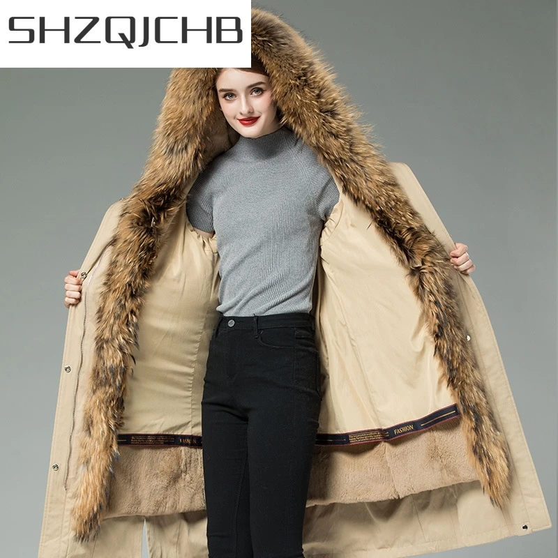 

JCHB 2021 Coat Real Fur Winter Women Long Parka Jacket Women Raccoon Dog Fur Collar Warm Rabbit Fur Liner Parkas SX118833 KJ821