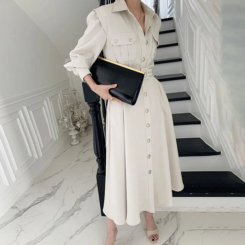 

Korean Fashion 2021 Retro Womens Dress Autumn Winter New Temperament Grace Thicken Single Breasted Long Sleeve Long Dress