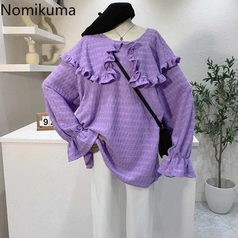 

Nomikuma Autumn New Fungus Edges Patchwork Turn Down Collar Shirts Women Long Sleeve Casual Loose Blouse Sweet Blusas Mujer