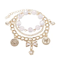 korean pop womens bracelet retro figure round bow crystal pendant hand ornament white beaded multi layer a bracelet jewellery