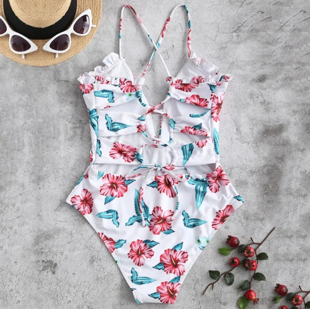 Женский сексуальный слитный купальный костюм с цветочным принтом и рюшами на