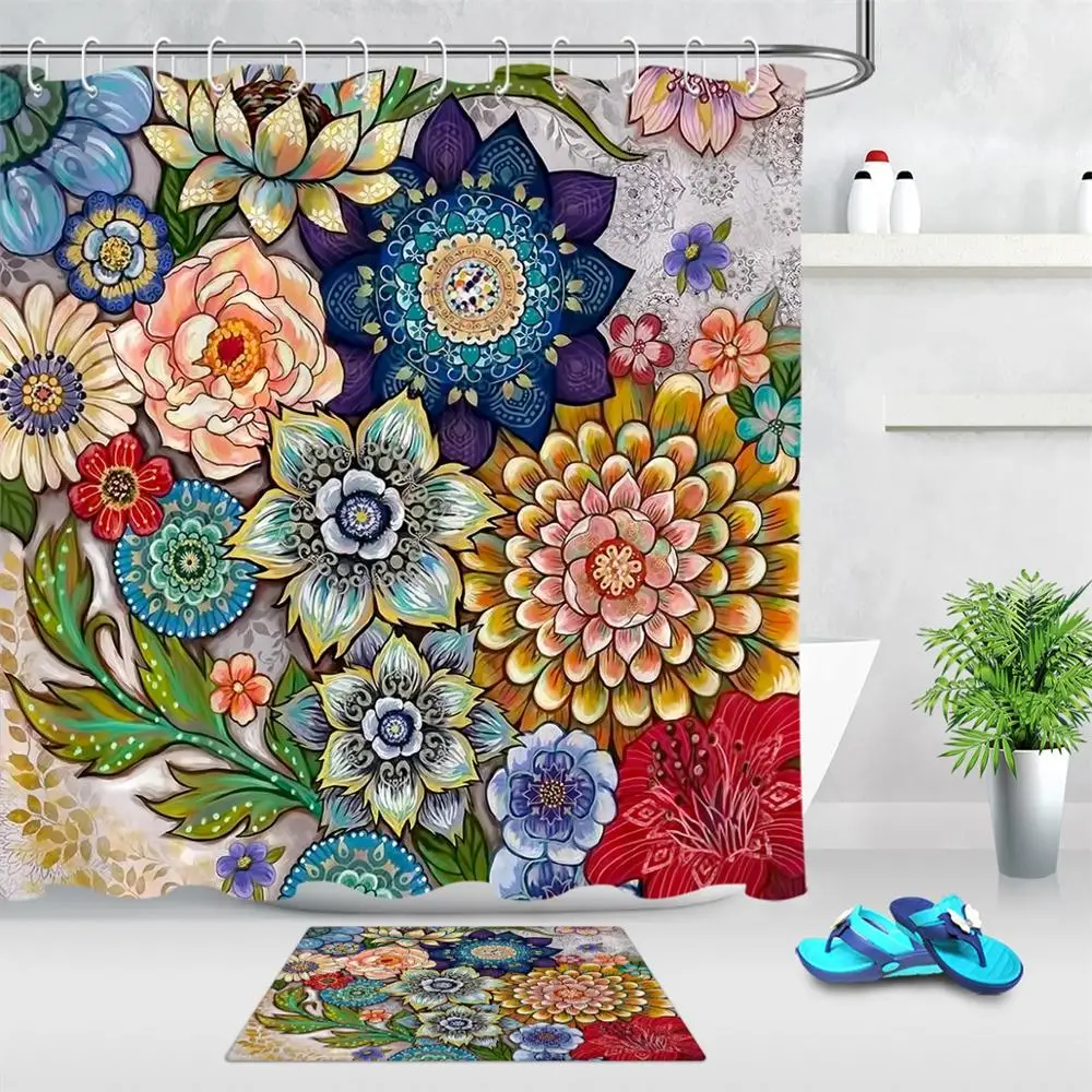 

Boho Floral Shower Curtains for Bathroom Decor Bright Fabric Blossom Modern Farmhouse Colorful Bouquet Printed Bath Curtains