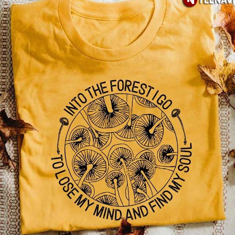

Mushroom Into The Forest Vgean T-Shirt Women Cotton Yellow Graphic Tee Magic Shrooms Tops Gothic Hiphop Tee Shirt Dropshipping