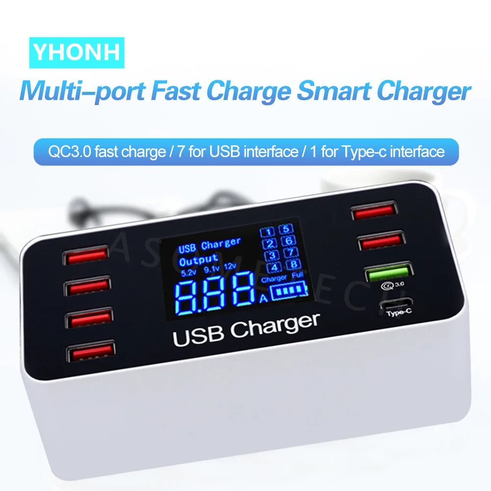 QC3.0 светодиодный дисплей USB быстрое зарядное устройство 7 порт настенное цвета в