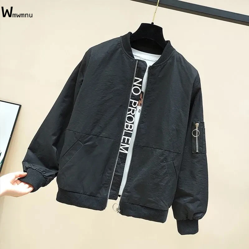 

Streetwear Fashion Basic Loose Coat Casual Letter Print Baseball Jacket Women Big Size Korean Zipper Pocket Bomber Jacket