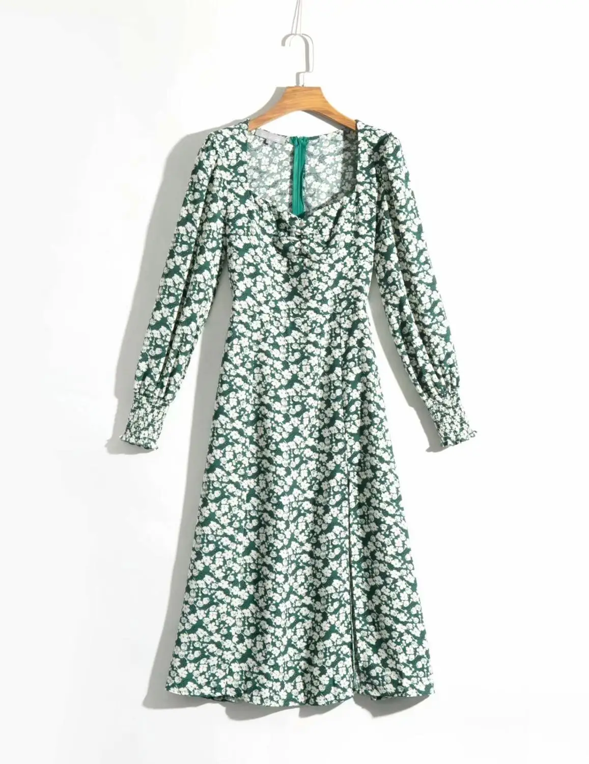 N371 green DR4645 Bazaleas, французское зеленое платье с ромашками, винтажное платье с разрезом, модное женское платье миди с длинным рукавом, повседневное платье, Прямая поставка - Цвет: N371 green DR4645