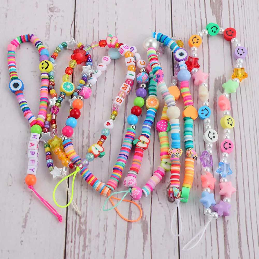 

2021 New Ins Trendy Colorful Smiling Beads Chain Mobile Phone Chain Anti-lost Handmade Acrylic Cord Lanyard for Women