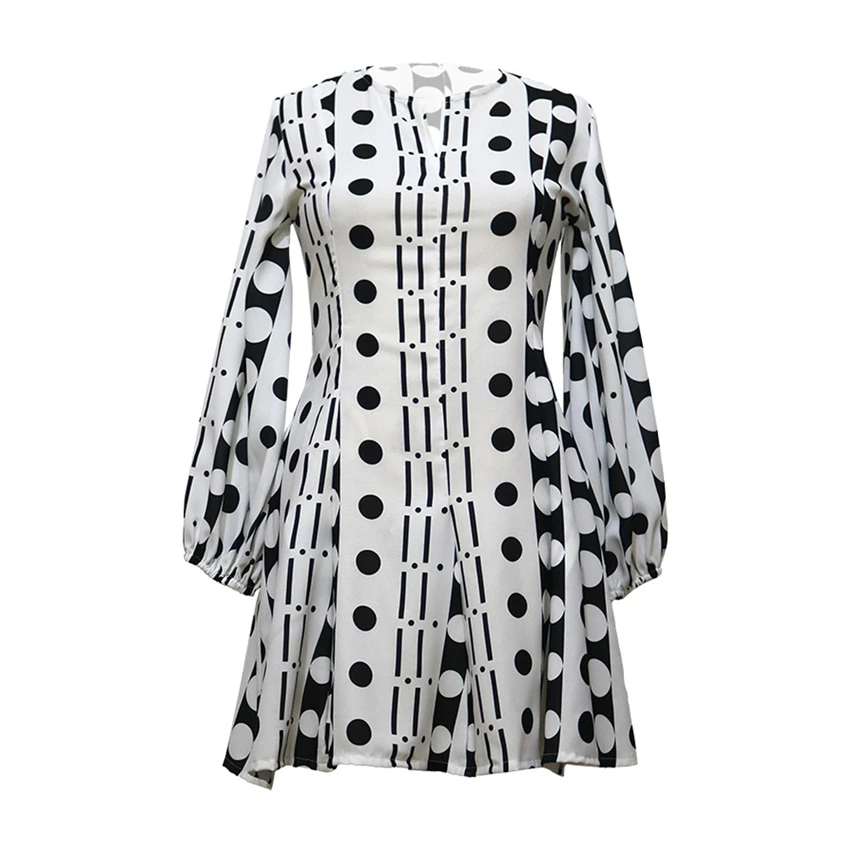 

Black Polka Dot Printed Mini Dress Women Long Puff Sleeve O Neck Ladies Autumn Fashion Dresses Female Elegant Vestidos Robes