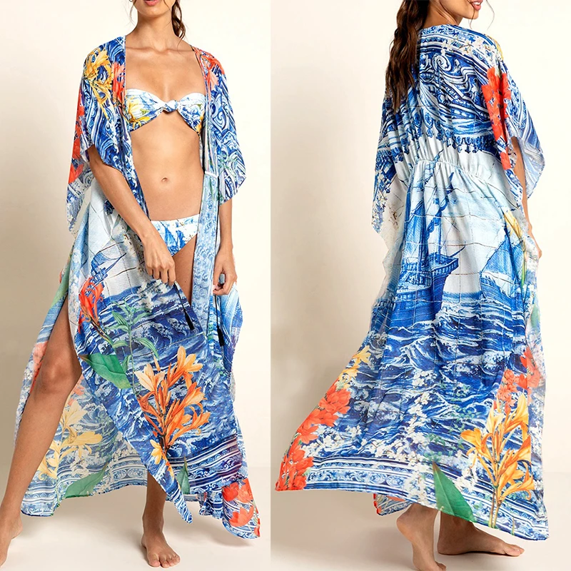 

2021 Swimsuit Cover up Cotton Print Beach Kaftan Bikini Cover up Kimono plage Bathing suit Cover ups Sarong Beachwear Tunic