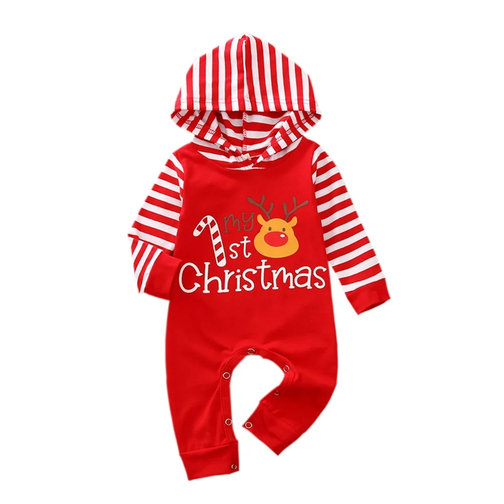 

Newborn Baby Boys Girls Christmas Jumpsuits Hooded Stripe Long Sleeve Cartoon Santa Claus Long Romper Overall Clothes 0-12M