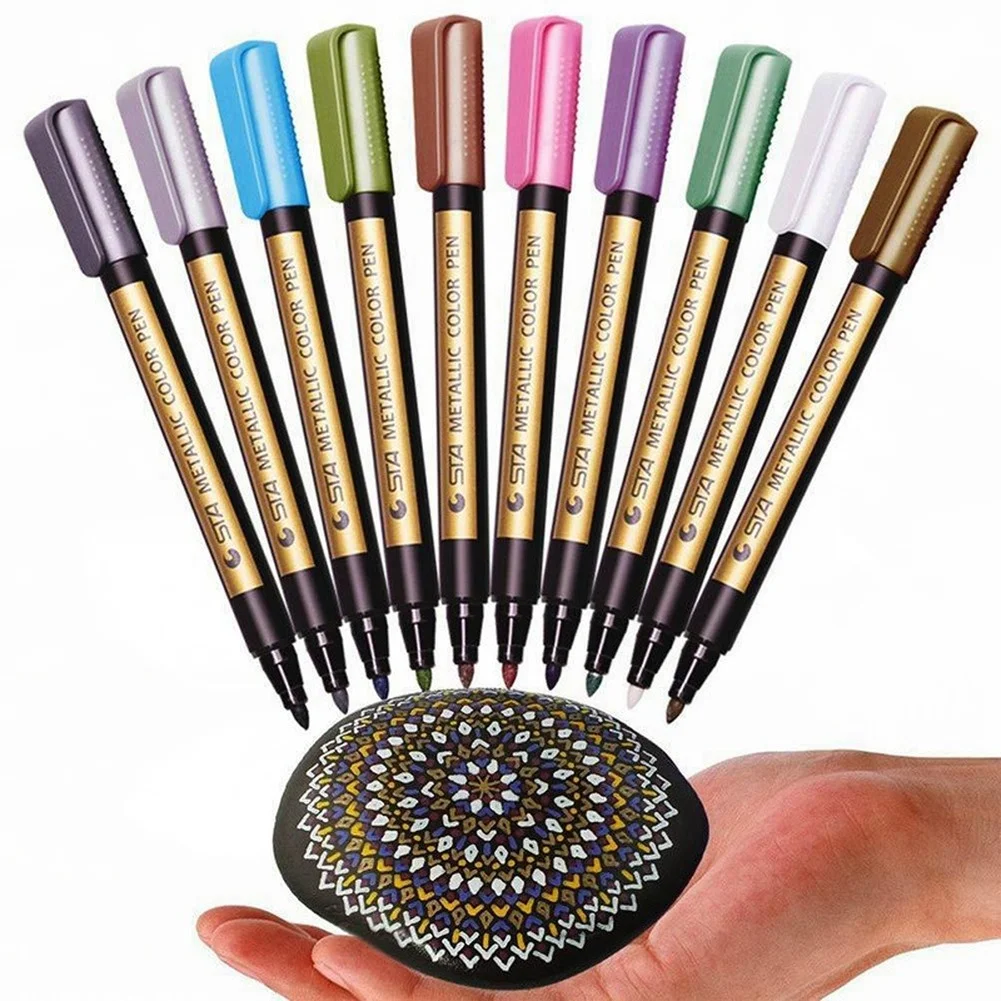 STA 10 Color Metallic Pen Permanent Marker Set Colored Paint Marker for Glass Rocks Card Ceramic CD Diy Scrapbooking Acrylic Pen