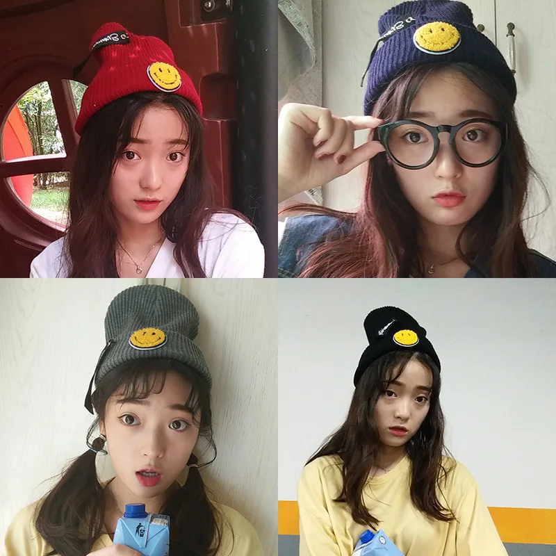 

Smiley Face Knitted Hat Women Beanies Patch Woolen Cap Men Autumn Winter Warm Couple Hat Girl Cute Parent Child Cap Pin Pendant