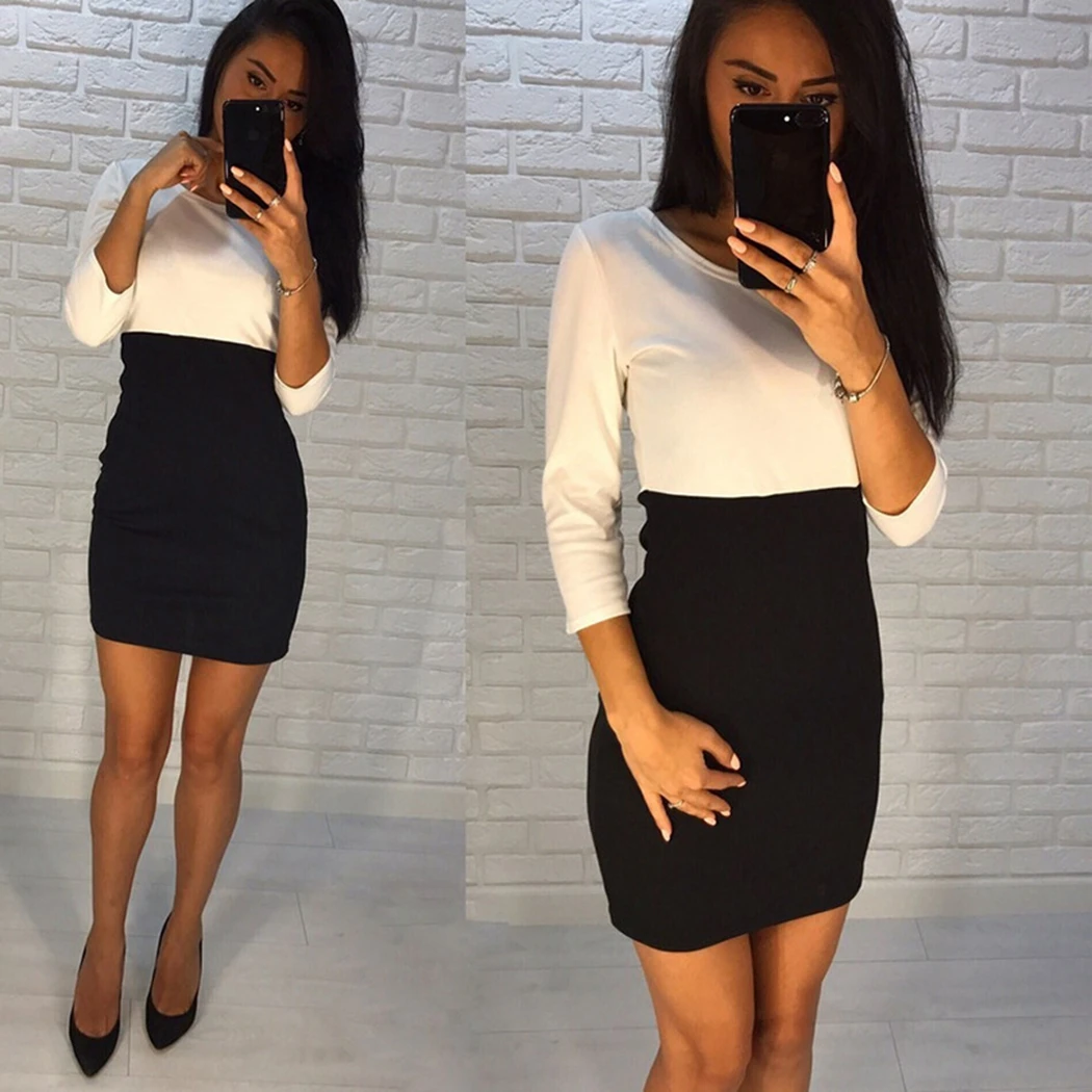 Женское облегающее платье в стиле пэчворк 3 цвета три четверти мини-платье