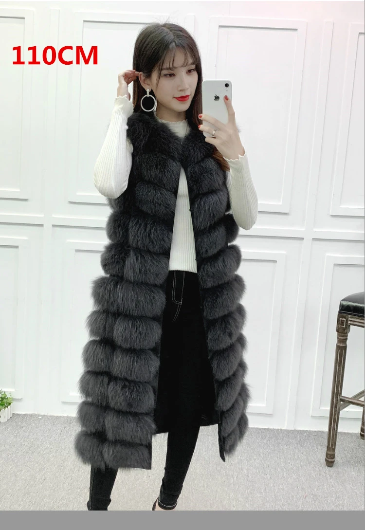 DarkGrey 110cm Уникальный дизайн X-Long жилет из натурального меха лисы полный ремень женский длинный тонкий натуральный мех пальто с карманами молния спереди 90 см/110 см - Цвет: DarkGrey 110cm