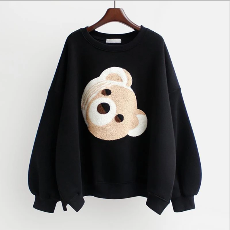 

Autumn Winter Crewneck Fleece Sweatshirt Winter Clothes Women Embroidered Bear Long Sleeve Tops korean Sudaderas Kpop Ropa Mujer