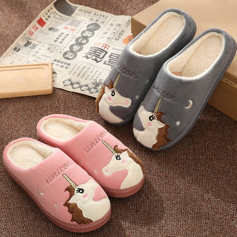 Женские зимние домашние тапочки с мультяшным единорогом Теплая Домашняя обувь