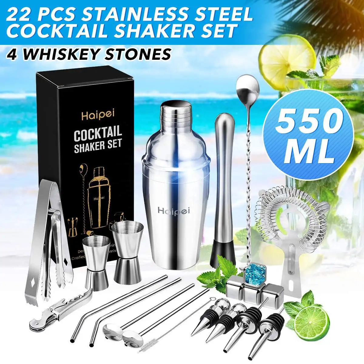

550ML Stainless Steel Cocktail Shaker Bar Set Barware Set Mojito Wine Martini Boston Shaker Mixer Maker Muddler Bartender Tools