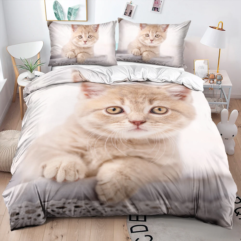 

3D White Custom Bedclothes Comforter Covers Set Pet Cat Duvet Cover Pillowships Twin King Queen Double Single Size Linens Bed