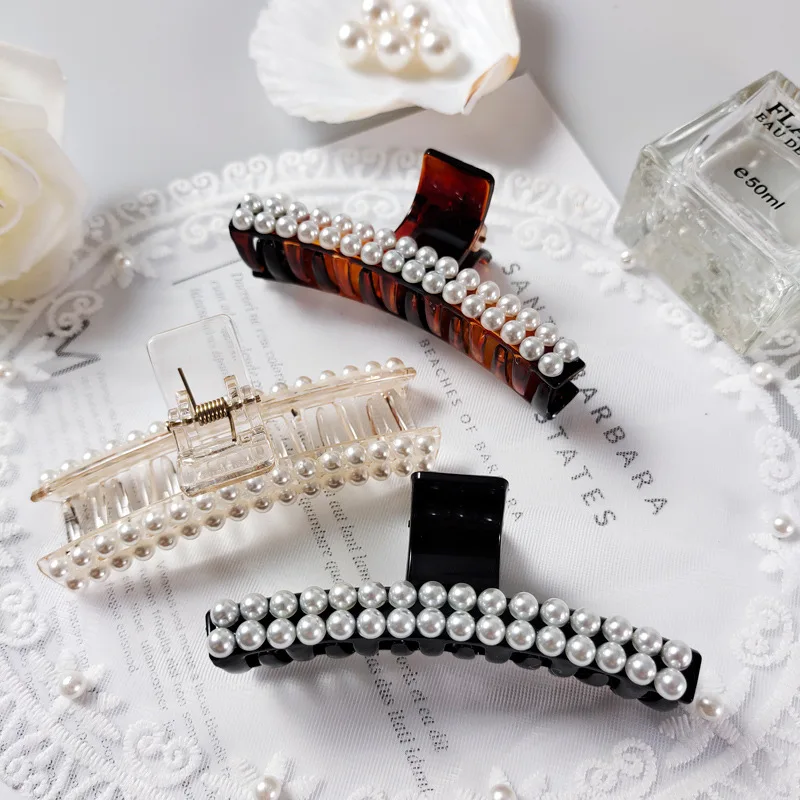 Женская заколка для волос с большим жемчугом черная или коричневая плотная