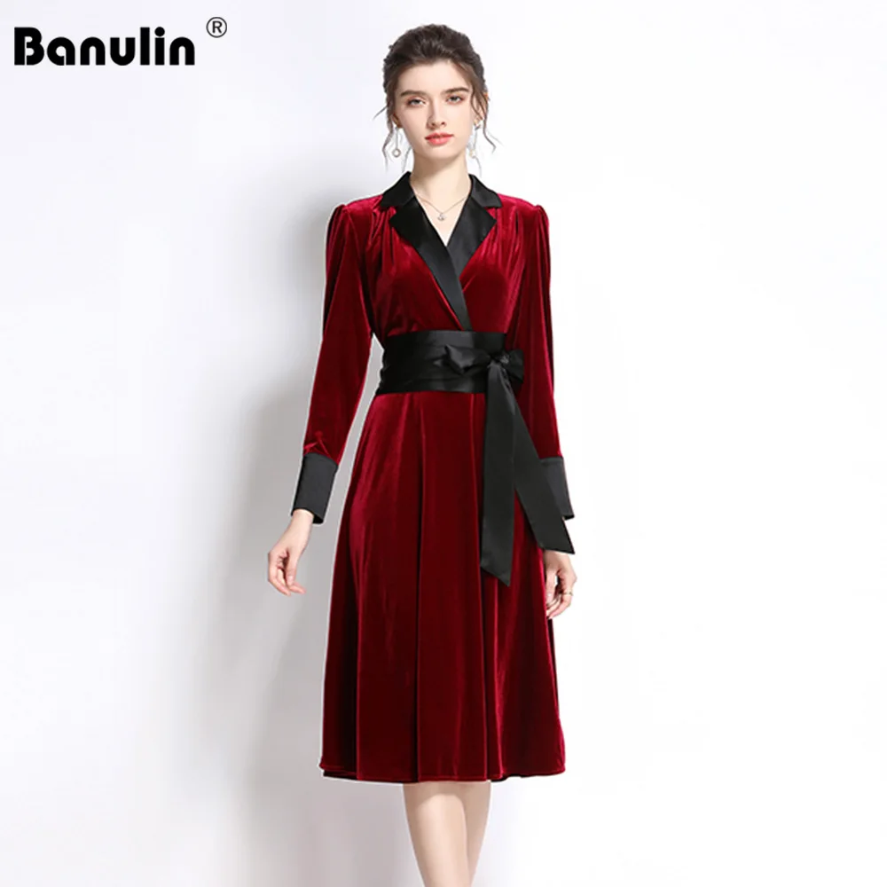 Banulin 2021 New Year Red Christmas Velvet Midi Dress for Women Autumn Winter Solid Long Sleeve Elegant Sashes Party Vestidos