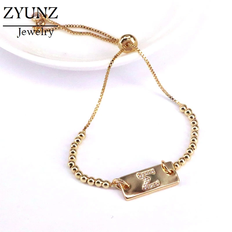 

5PCS, New Design Micro Pave CZ Gold Color Letter Bracelet Beaded Chain Rectangle Bar Bracelet For Women Femme Fashion Jewelry