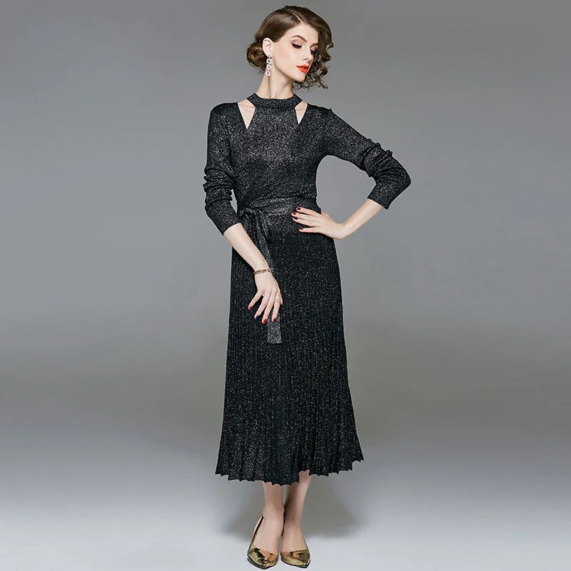 Блестящий вязаный комплект из 2 предметов с блестками кардиган длинными рукавами