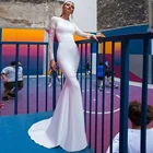 Атласное свадебное платье с длинным рукавом и юбкой-годе, кружевное платье с круглым вырезом и аппликацией на пуговицах, свадебное платье с эффектом иллюзии со шлейфом, 2021