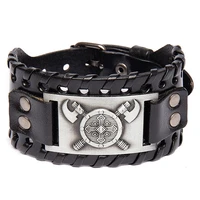 trendy totem design nordic double axe irish cross bracelet leather woven mens bracelet viking accessorie genuine leather jewelr