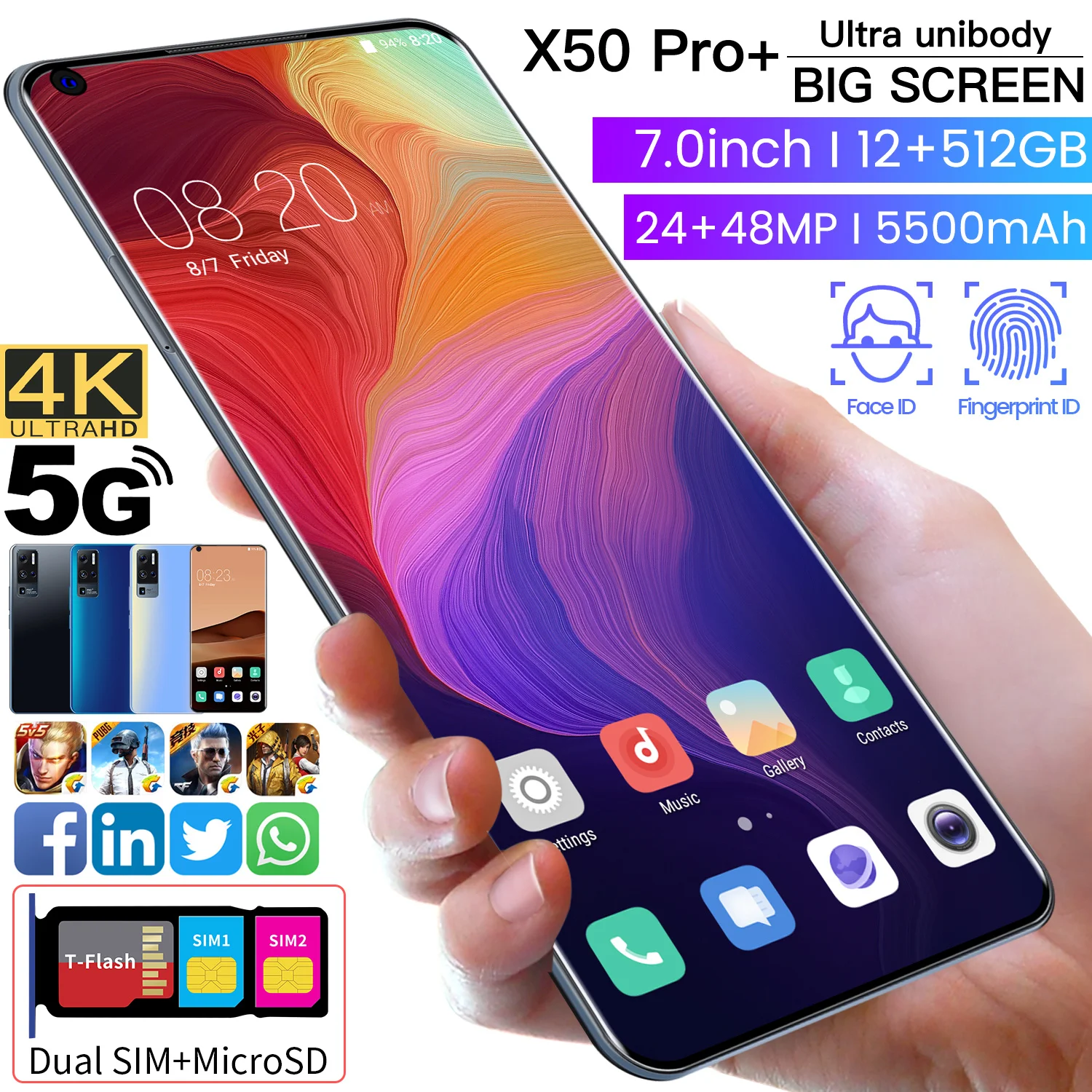 

X50 PRO+andriod 10 ,12GB RAM + 512GB ROM 5500MAH24mp+48mp smartphonr 7.0 Inch screen, FACE and FINGER ID,