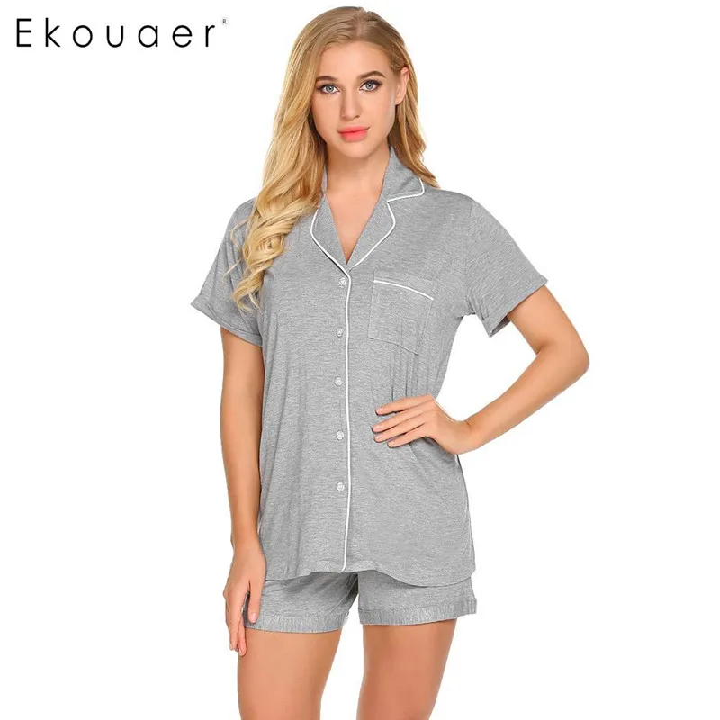 light gray Ekouaer Для женщин, одежда для сна, пижамные комплекты короткий рукав кнопка карман рубашки и шорты для мальчиков пижамные комплекты детская одежда для сна Женская комплект - Цвет: light gray