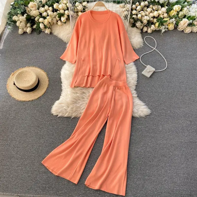 

New women's knitted 2-piece side slit Top + High Waist Wide Leg Pants 2021 office lady suit