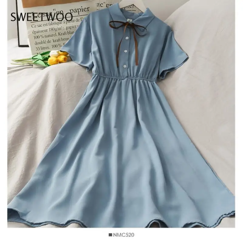 

Dress Women Chiffon Bow Solid High Waist Turn-down Collar Preppy Style Popular Temperament Girls Summer Holiday