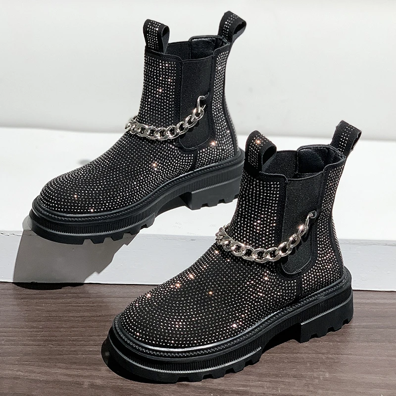 

New Luxury Chelsea Boots Women Ankle Boot Chunky Heels Winter Ladies Shoes Fashion Rhinestone Chain Women Boots Platform Booties