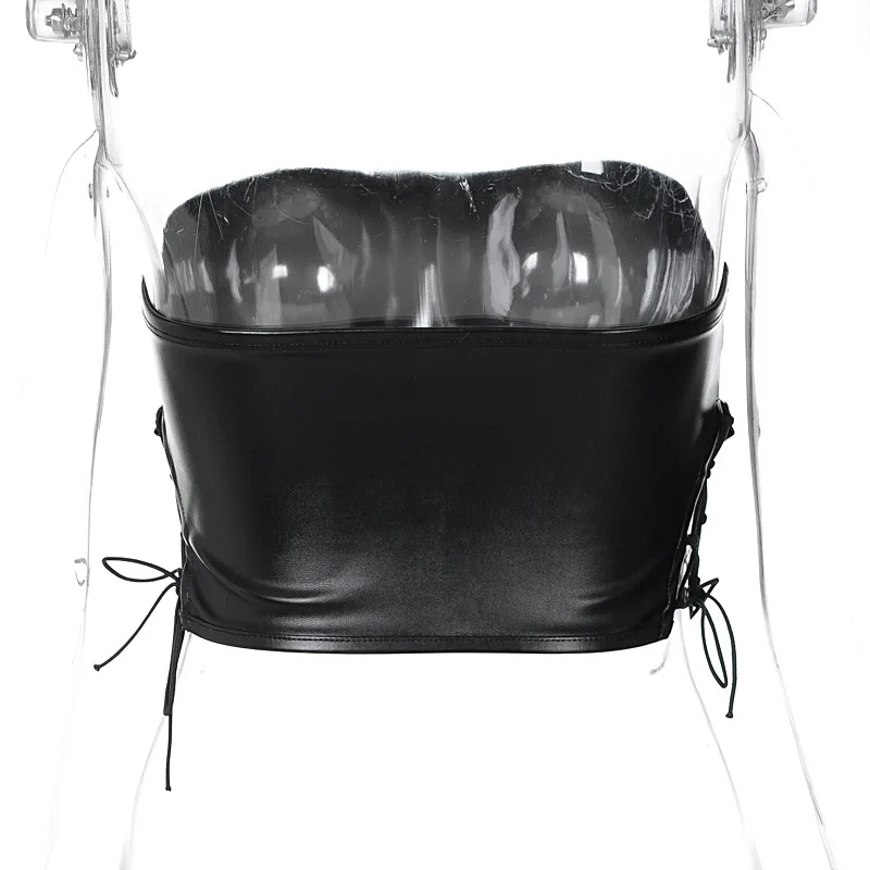 

OneLineFox Leather Corset Top Cut out Tie Up Sexy Split Backless Black Bustier Casual Tank Top Women Fashion Streetwear Clothes