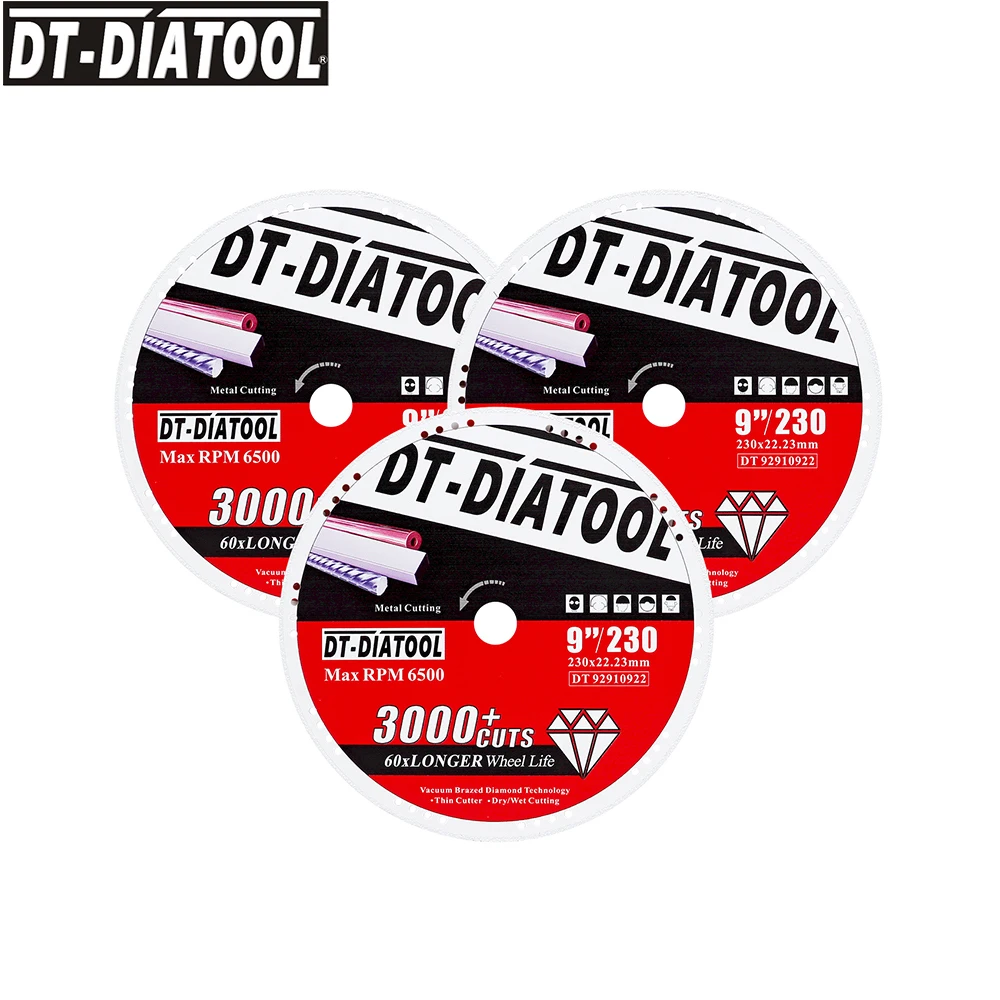 DT-DIATOOL 3pcs/set Diamond Saw Blade Dia 9inch/230mm Diamond Cut-off Wheel for Metal Steel Tube Iron Rebar Angle Steel
