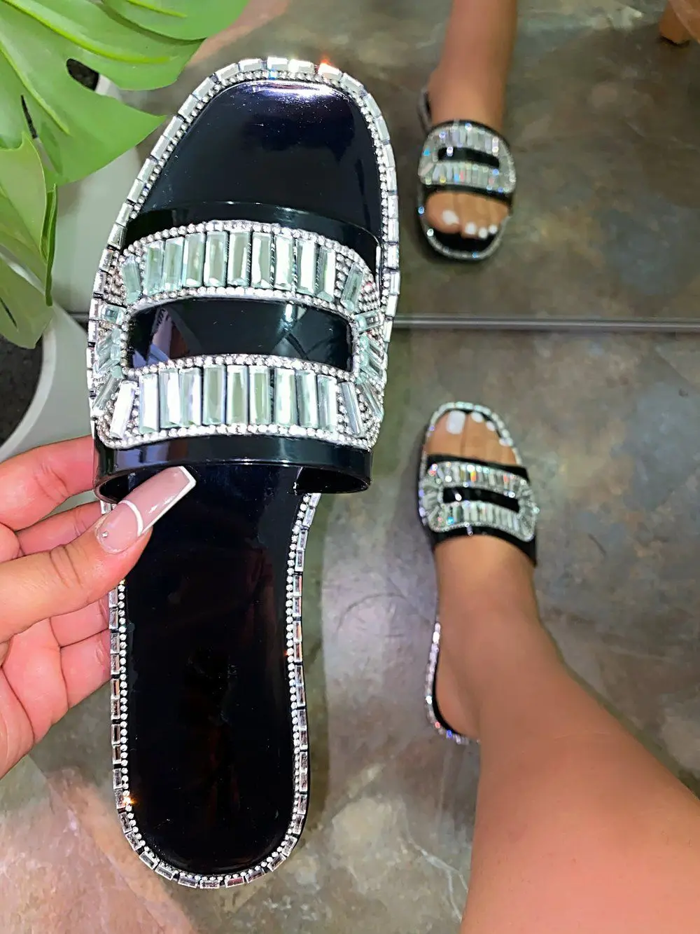 

2020 autumn wholesale women's new style rhinestone square buckle transparent bottom comfortable all-match slippers designer expl