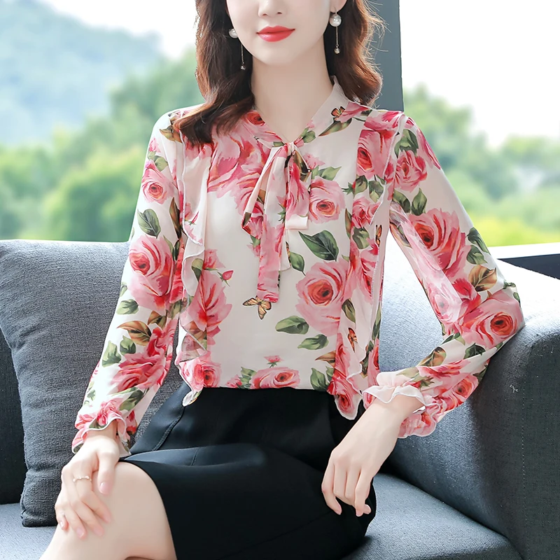 

Chikichi 2021 Spring and Autumn New French Elegant Loose Floral Bowknot Hedging Chiffon Long-sleeved Blouse Women