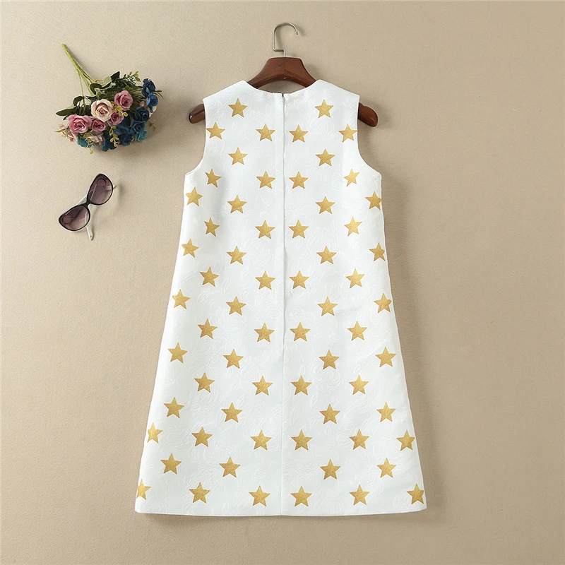 

2020 Fashion Runway Summer Dress Women Sleeveless Sequin Beading Jacquard Appliques Madonna Star Print Mini Tank White Dress