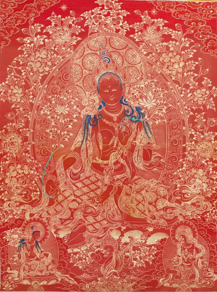 Зеленая Тара красная парчовая картина Thangka шелковая изысканная вышивка - купить