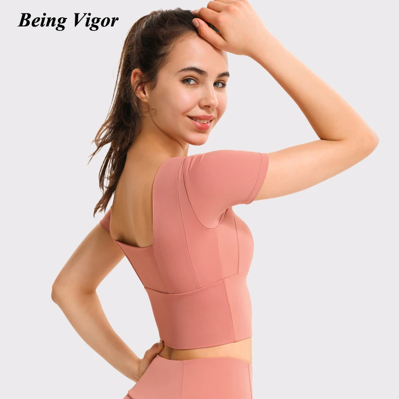 

Being Vigor Wholesale Dropshipping Removable Pads Open Back Short Sleeve Sexy Women Cropped Sports Yoga Top Tshirt кроп топ
