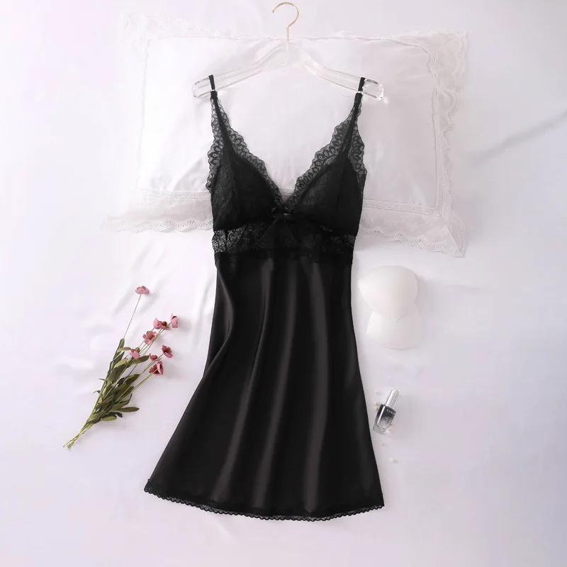 Satin Nightgown Women Sexy Suspender Skirt Sleepwear Silky Spaghetti Strap Nightdress With Lace Nightwear Home Wear Night Shirt