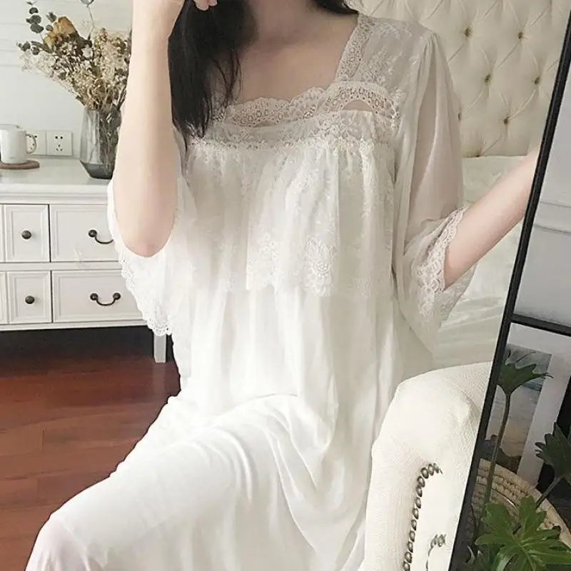 

Summer Sleepwear Nightgown Lady Sexy Nightdress Robe Kimono Gown Comfy Nightwear Satin Intimate Lingerie Square Collar Home Wear