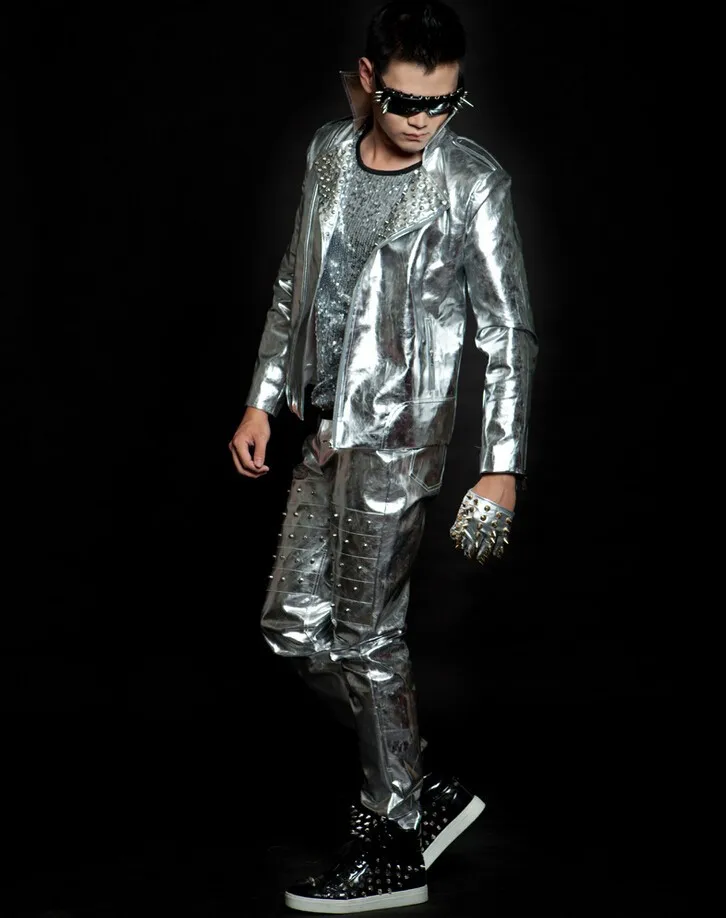 Костюм мужской кожаный с серебристыми заклепками Корейский пиджак для езды на