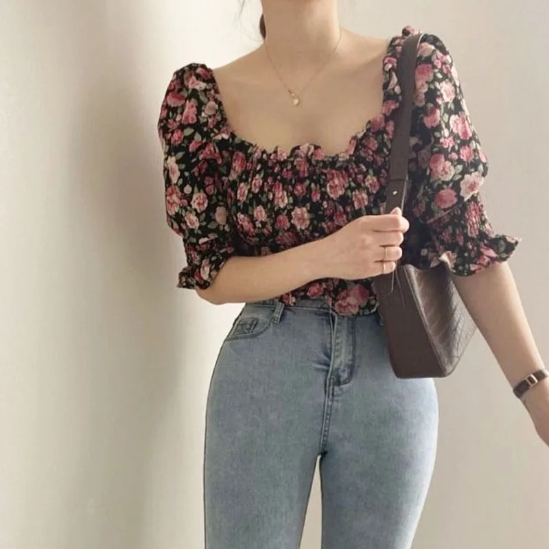 

Chic Retro Flowers Printed Women's Shirt Loose Bubble Sleeve Top Female Sweet Square Collar Vintage Blouse Chiffon Blouse 14334
