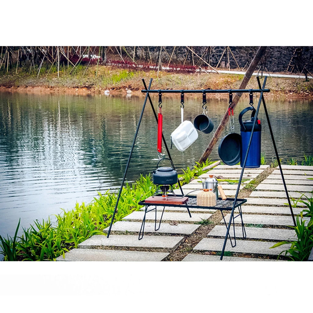

Outdoor Camping Hanging Rack Aluminum Alloy Grill Tripod Shelf Stand & 6 Hooks