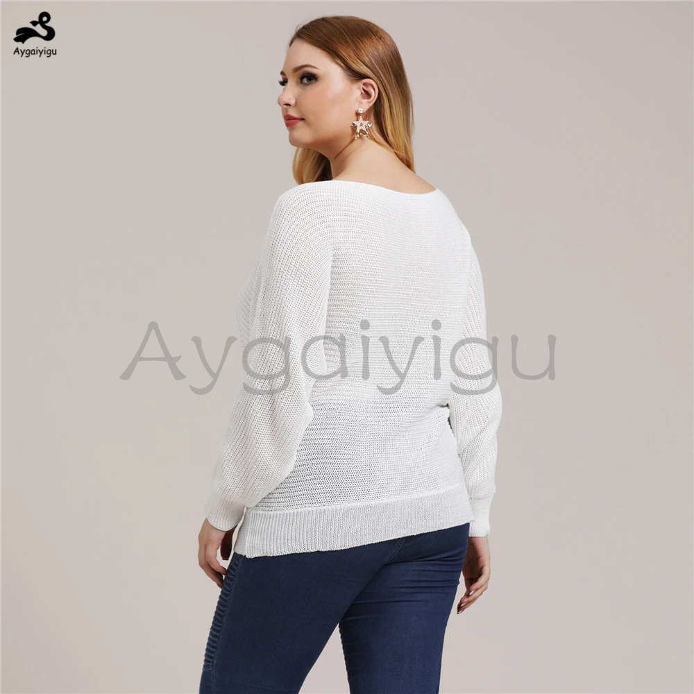 Aygaiyigu Large Big Size Sweaters Women Plus Female Basic Slash Neck Long Batwing Sleeve Simple Knitted Clothing | Женская одежда