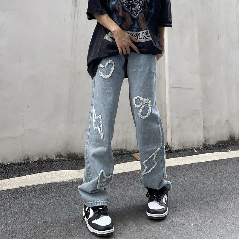 

High Street Love Embroidery Retro Vibe Fringe Jeans Pants Men and Women Straight Oversize Straight Casual Baggy Denim Trousers