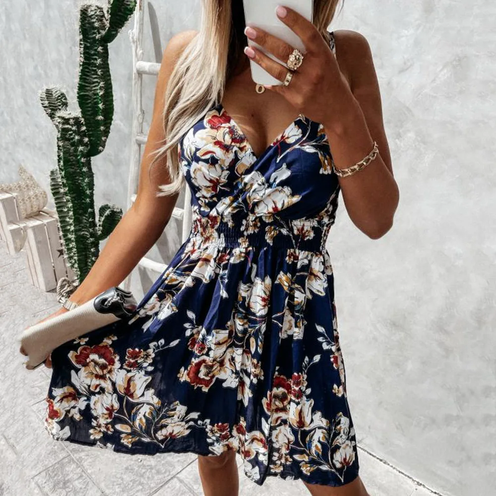 

Women Retro Floral Prints Elastic Waist Mini Dress Sexy Deep V Neck Sleeveless Sling Dress Summer Backless Lady Dresses Vestidos