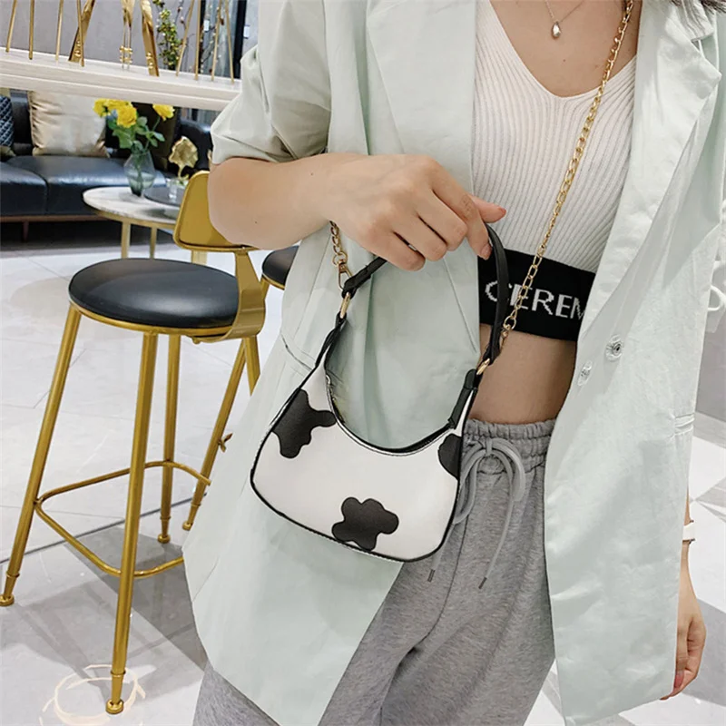 

PU Leather Small Shoulder Bag Female Designer Underarm Bags Bolsos Cow Milk Print Pattern Baguette Bags For Women