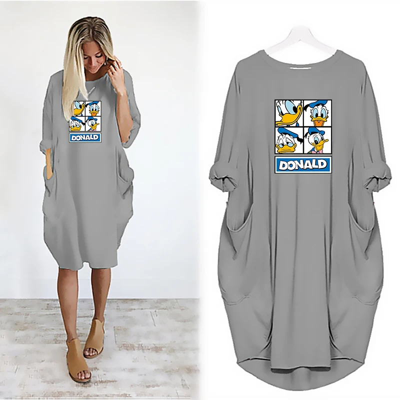 

Midi Dress Women Vintage Vestidos Casual Long Sleeve Donald Duck Cartoon Print Pockets Party Loose Dress Robes Femme